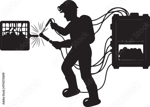 Silhouette of a welder wearing protective gear and a helmet working on a metal structure with sparks flying from the welding torch