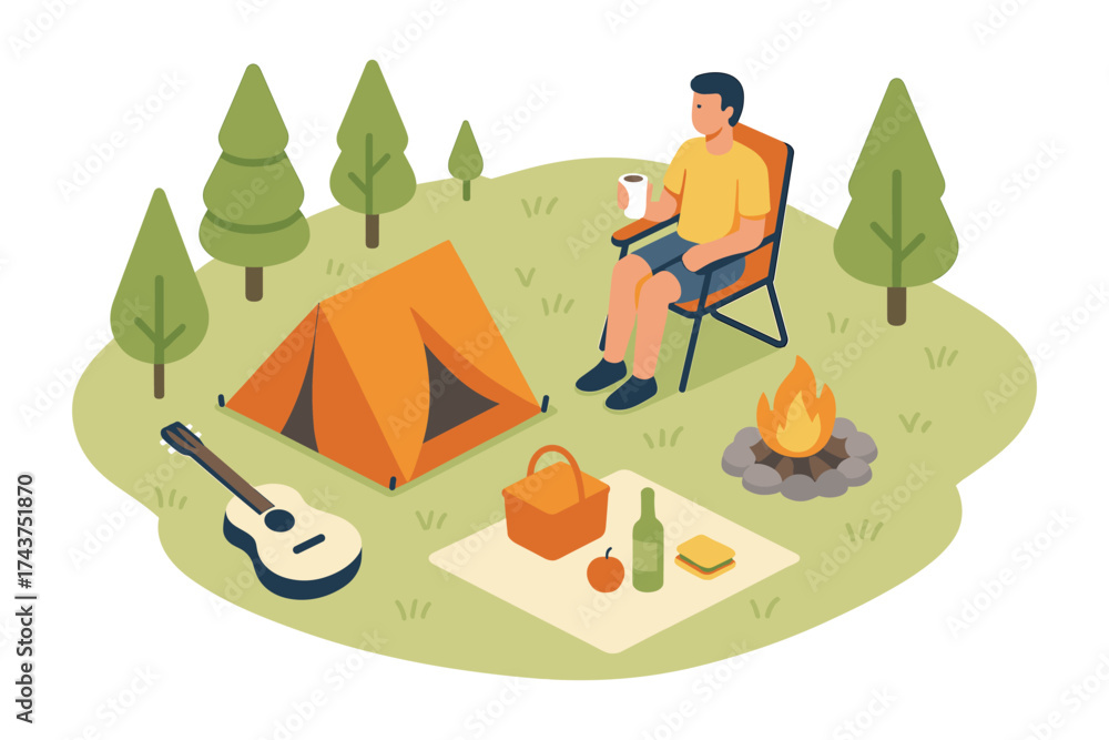 Fototapeta premium Camping adventure with tent, campfire, picnic, and guitar in isometric style