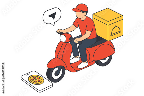 Food delivery concept with courier on scooter and smartphone app