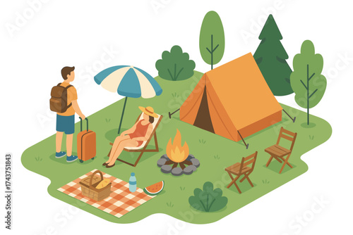 Isometric camping scene with tent, campfire, and relaxing travelers in nature