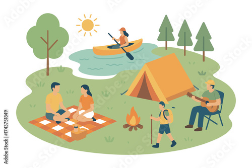 Outdoor camping adventure: kayaking, hiking, and relaxing by the campfire