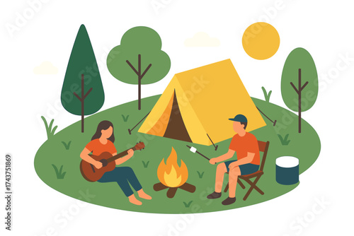 Camping scene with campfire and tent in flat design style