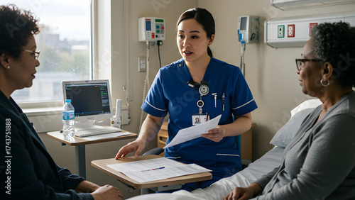 Nurse Consulting with Family Members in Hospital Room