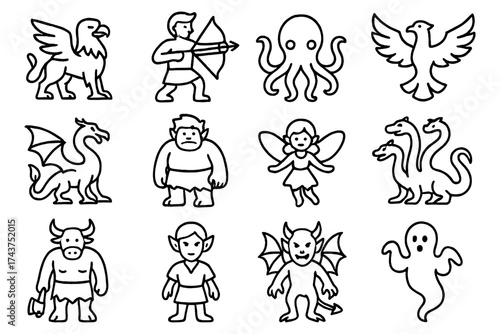 Fantasy creature icons: mythical monsters and magical beings in line art
