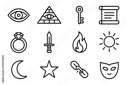 Mystic symbols line art collection: eye, pyramid, key, scroll, ring, sword, flame, sun, moon, star, chain, mask
