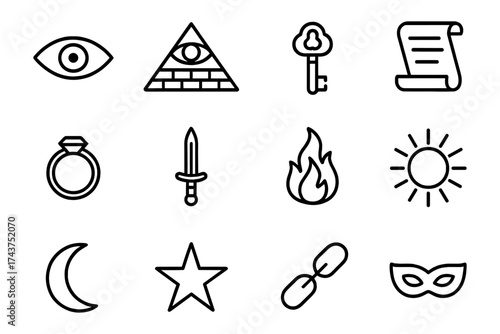 Mystical symbols set: eye, pyramid, key, and more in linear design