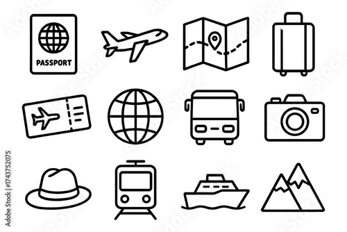 Travel icons collection: passport, transportation, maps, and luggage