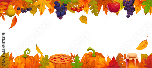 Thanksgiving Day vector border frame. Cartoon autumn harvest grapes on vine, red apple, pear fruit, pumpkins and pie, honey jar and fall leaves decorative borders. Thanksgiving greeting card frame