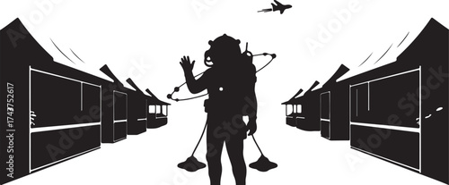 Silhouette of a mysterious figure with a headdress and carrying a yoke with buckets walking down a street lined with traditional buildings