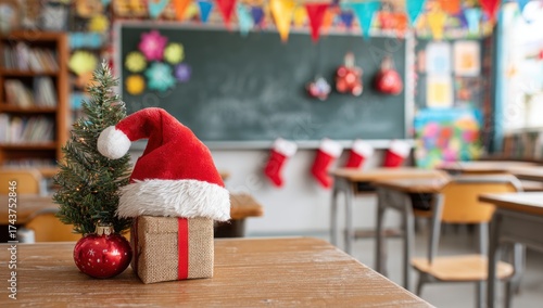 Festive classroom scene with Santa hat on gift, tiny tree, stockings, and blurred decorations