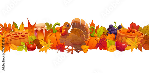 Thanksgiving harvest festive border frame with funny turkey, pumpkin pie and apples, vector banner. Thanksgiving Day harvest grapes with honey jar and autumn fall leaves frame with turkey character