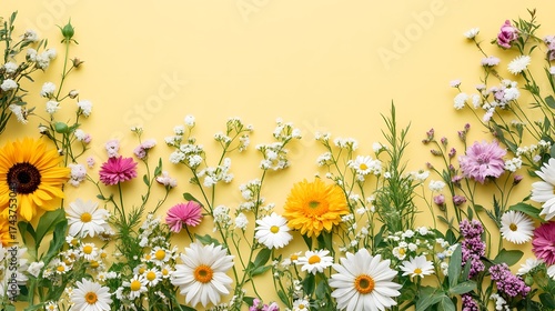 A vibrant arrangement of colorful flowers, including sunflowers, daisies, and gerbera daisies, against a pastel yellow backdrop, creating a cheerful and spring-like display.