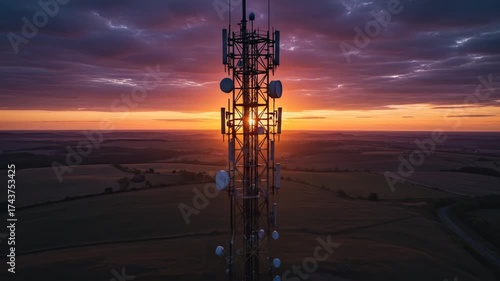 Telecommunication tower silhouetted against sunset sky providing signal
