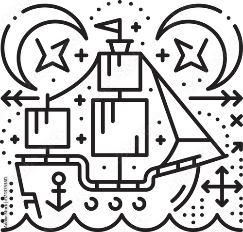 Pirate caravel sailing ship esoteric line symbol. Filibuster marine sacred outline vector print, buccaneer nautical tarot thin line symbol. Pirate esoteric sign with ancient sailing ship or vessel