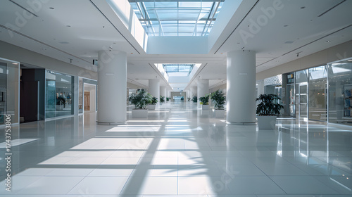 A large, empty shopping mall with a white floor and white walls