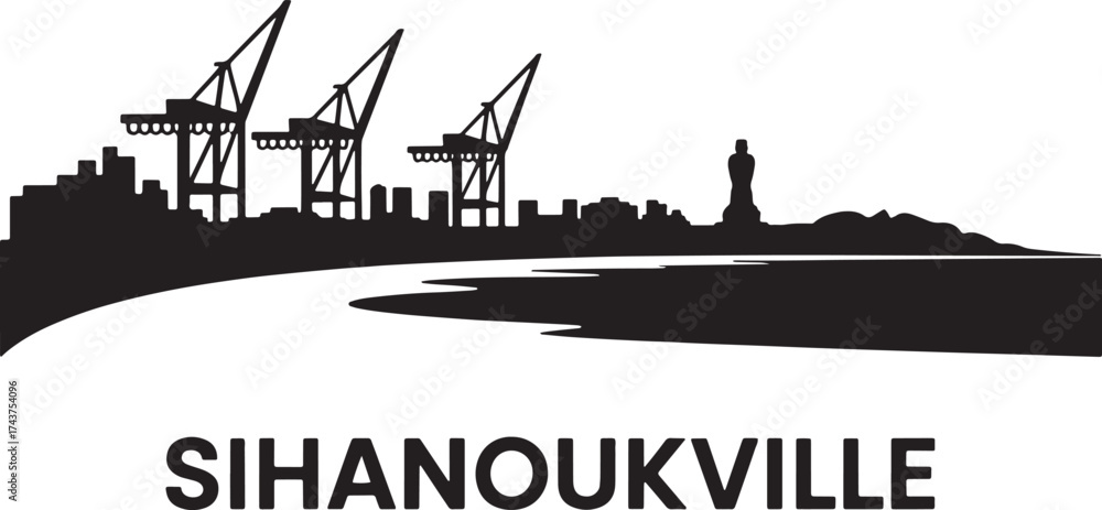 Naklejka premium Sihanoukville Cambodia Skyline Silhouette Vector Illustration City Waterfront