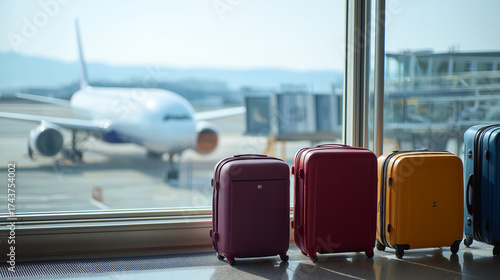 Travel Luggage Waiting by Airport Gate Before Flight Departure
