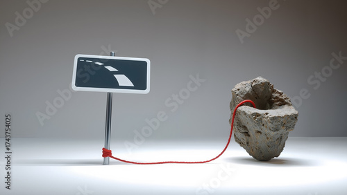 A miniature road sign points the way, but is tethered to a large rock by a red string, symbolizing obstacles and challenges on life’s journey