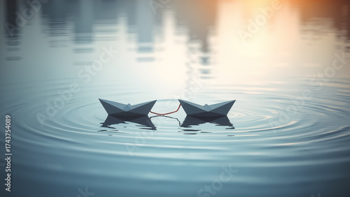 Two paper boats connected by a red string float on calm water, symbolizing connection, partnership and shared journeys