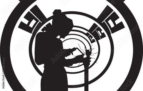 Silhouette of a person in a futuristic helmet and backpack holding a tool against a circular abstract background with glowing elements