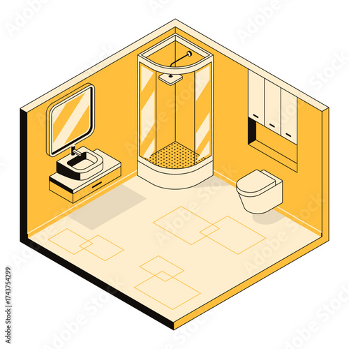 3D modern bathroom interior design with a shower cabin, arrangement of furniture and plumbing.  Apartment template for design studio, architectural business. Vector linear isometric illustration