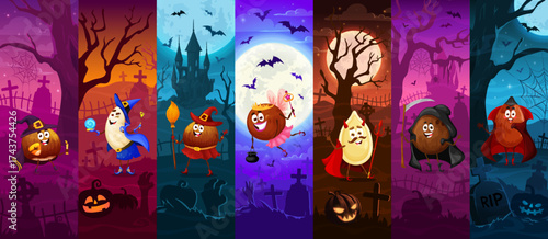 Funny nut Halloween characters with spooky graveyard and haunted castle background. Cartoon vector festive collage with nuts and seeds in costumes of witch, wizard, vampire, devil, fairy, grim reaper