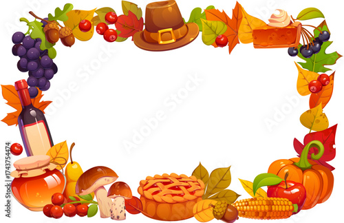 Thanksgiving holiday vector frame with autumn harvest food and fall leaves. Cartoon grapes and acorns, Thanksgiving pilgrim hat, pie slices and wine bottle, honey, fruits and mushroom frame borders