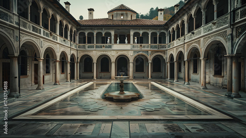 A large courtyard with a fountain in the center