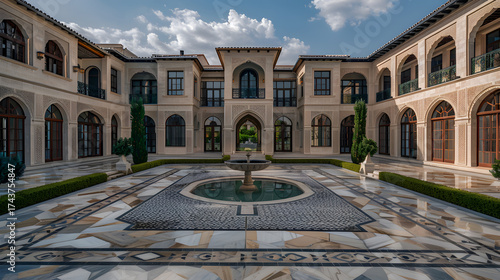 A large courtyard with a fountain in the center