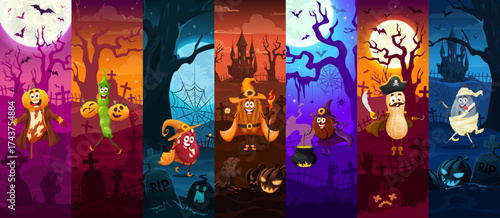 Halloween cute nuts and bean characters appear as witch, pirate, monster and ghosts among full moon, bats, cobwebs or tombstones. Cartoon vector collage with scarecrow, witch, wizard, pirate and mummy