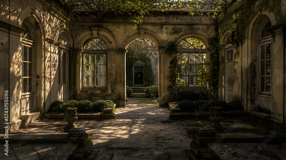 Fototapeta premium A large, empty courtyard with arched windows and a stone floor