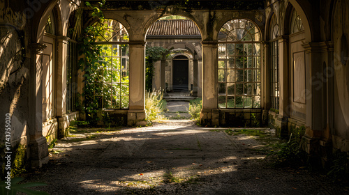 A large, empty courtyard with arched windows and a stone floor