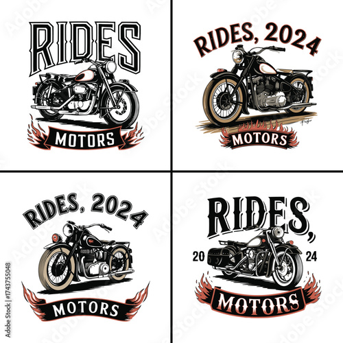 Vintage motorcycle illustration set with bold typography and flame accents for biker t shirt design and motors branding