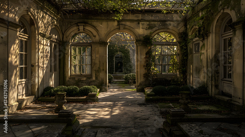 A large, empty courtyard with arched windows and a stone floor