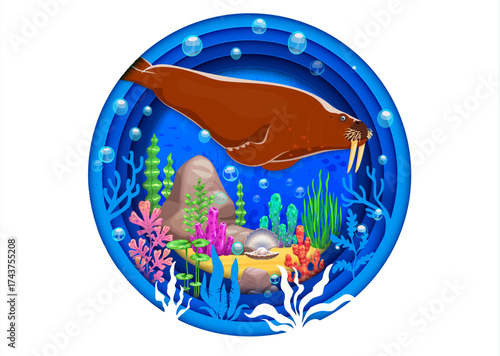Paper cut underwater landscape with walrus animal, seaweeds, seashell, bubbles and corals. Vector circular frame with 3d layered papercut art effect featuring marine life and beauty and of the ocean