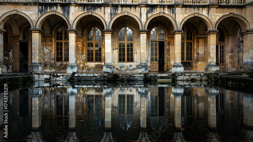 The image is a black and white photo of a courtyard with a large pool of water