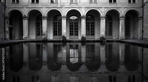The image is a black and white photo of a courtyard with a large pool of water