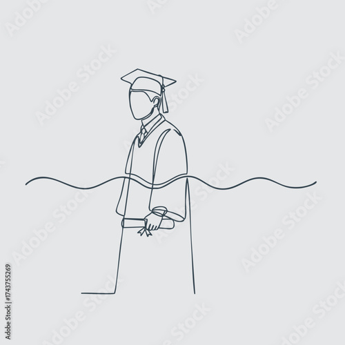 Graduate in cap and gown holding diploma standing confidently with a serious expression, celebrating academic achievement and success