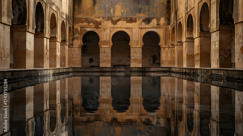 The image is a black and white photo of a courtyard with a large pool of water