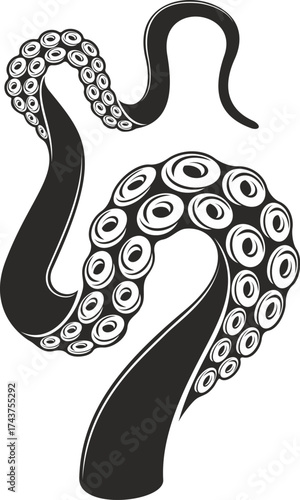 Octopus tentacles tattoo. Kraken or squid monster. Vector monochrome fluid marine life motif with sea creature symbolizing mystery and power. Nautical and ocean inspired body art with Cthulhu arm
