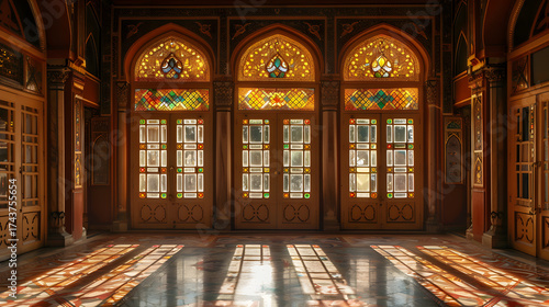 A large room with stained glass windows and wooden doors