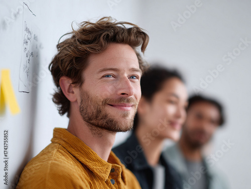 A diverse group collaborates, led by a confident, smiling man. Symbolizes teamwork, innovation, positive outlook, and success. Perfect for business or education contexts.