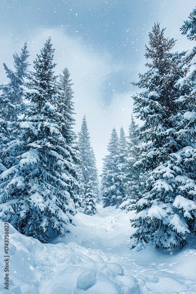 Naklejka premium Beautiful snowy winter forest landscape with tall pine trees covered in snow under cloudy sky atmosphere
