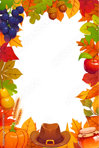 Thanksgiving Day frame for autumn holiday harvest celebration. Cartoon fall leaves frame with Thanksgiving holiday pilgrim hat, ripe apple, pumpkin and grapes, forest tree leaves and oak acorn borders
