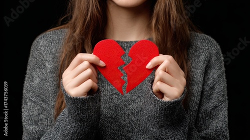 Woman holding broken red paper heart symbol of heartbreak and sadness concept of lost love and emotional pain