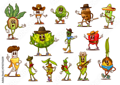 Cartoon groovy cowboy, sheriff and bandit vegetable characters. Funny vegs healthy food Wild West personages dressed in Western hats and boots, showing playful gestures, Vector set of veggies ranchers