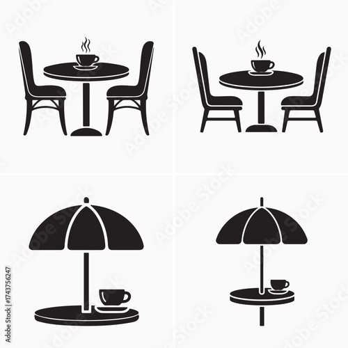 Simple black glyph shows coffee tables, chairs, and umbrellas set against a clean background