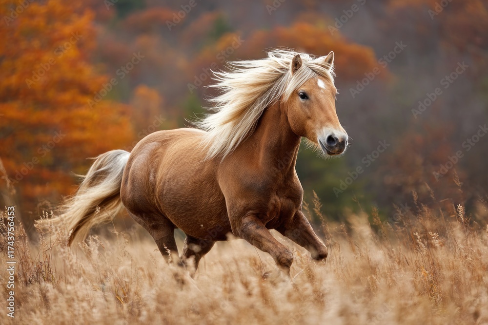 Obraz premium Majestic tan horse with flowing blonde mane gallops across a field with autumn foliage
