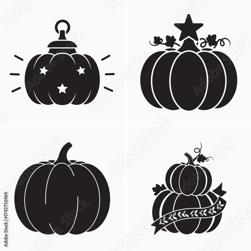 Isolated silhouette pumpkins with star, lantern, vine, and banner elements showing traditional fall celebration