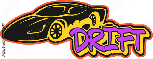 Auto drift race retro Y2K sticker or print. Auto motorsport retro vector label, speed racing grand prix Y2K patch. Formula 1, drift competition tag with racing car and violet color typography